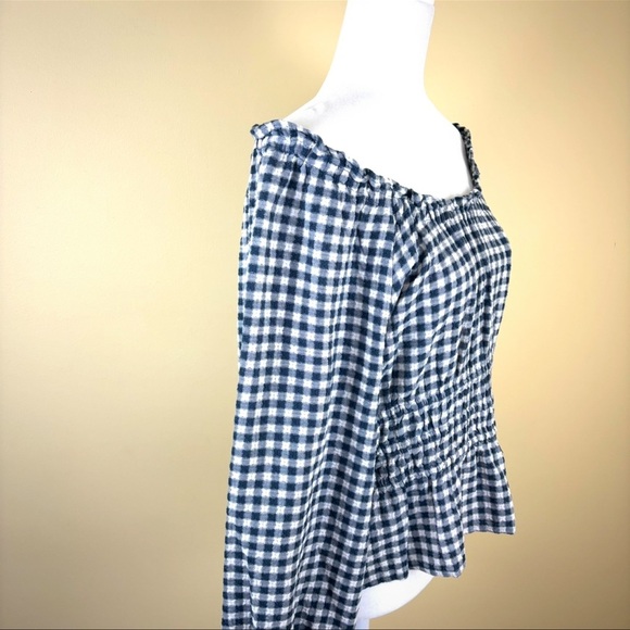 MADEWELL Navy /White Checkered Off The Shoulder Peasant Cropped Ruffle Top (L) - Picture 7 of 15